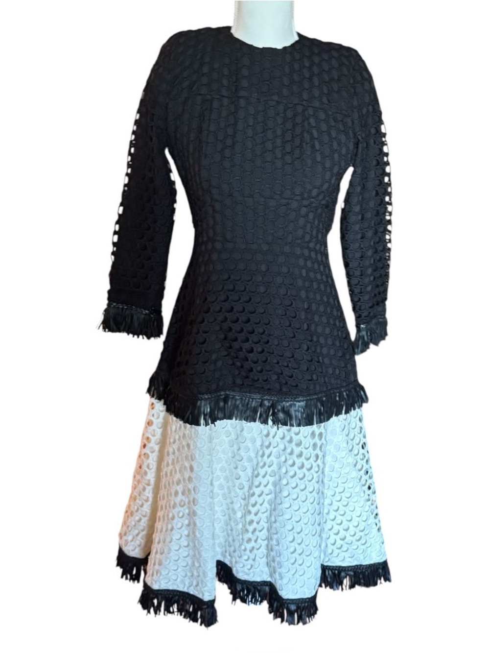 ELIO Black and White Long Sleeve Fit-and-Flare Fringe Hem Dress